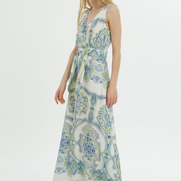 Belt Detailed Patterned Blue Dress - Picture 2 of 8